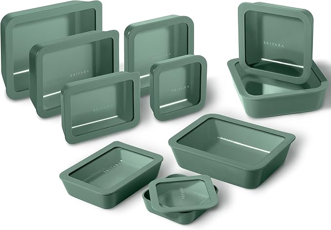 20-Piece Glass Food Storage Containers Set with Lids (10 Containers + 10 Lids) | Microwave-Safe Airtight Seal, Oven-Safe Ceramic-Coated Glass | Zero Plastic, No PFAS/PFOA/BPA [Pine] by BrivaraHome