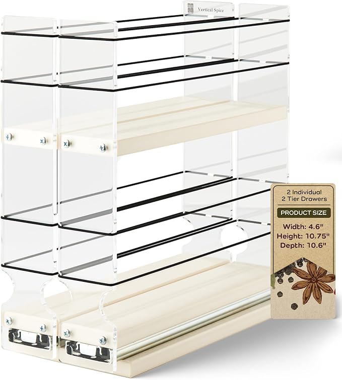 Narrow Pullout Spice Rack - Sliding Drawer for Kitchen Organization - Pantry Organizers and Storage - 2 Drawers & 2 Tiers - 20 Spice Jar Capacity (4.6" W x 10.75" H x 10.6" D, Cream) by VerticalSpice