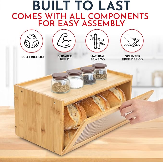 Large Bamboo Bread Box for Kitchen Countertop Acrylic Window, Extra Storage | Bread Box for Homemade Bread with Large Storage Capacity, Acrylic Window and Extra Top Storage - Image 5
