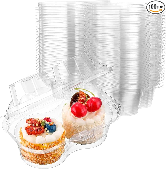 Eaasty 100 Pcs 2 Compartment Plastic Cupcake Containers Disposable Deep Cupcake Carrier Holder Box with Lids Stackable Clear Dessert Container for Muffin Pies Weddings Birthday Party by Eaasty