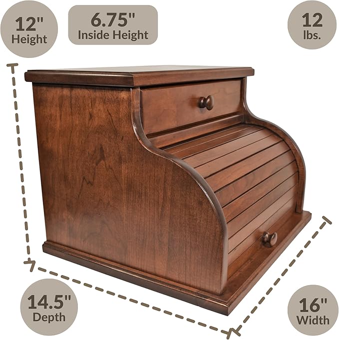 DutchCrafters Amish USA Made Solid Wood Countertop Bread Box with Drawer, Bread Holder for Kitchen Counter, Large Bread Box for Kitchen Countertop (Cherry - Michael's Cherry) - Image 2