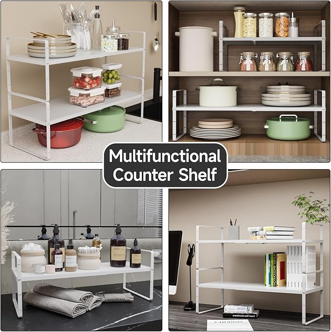 2Pcs Expandable Cabinet Shelf Organizer, 16.5"~27''L, White | Stackable Metal Shelves, Adjustable Spices Rack Stand, For Kitchen Countertop Storage, For Cupboard Pantry, 8" W x 9.6" H - Image 6