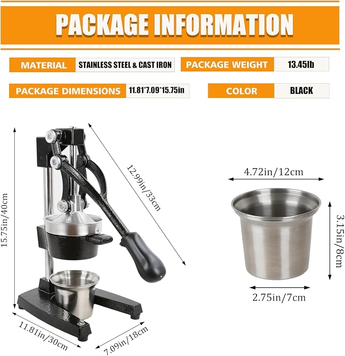 Kitchen Cast Iron Juicer - Easy-to-Clean Heavy-Duty Manual Juicer, Professional Citrus Juicer - Stainless Steel Lemon Squeezer - Manual Citrus Press & Orange Squeezer - Orange Juicer (Black) - Image 3