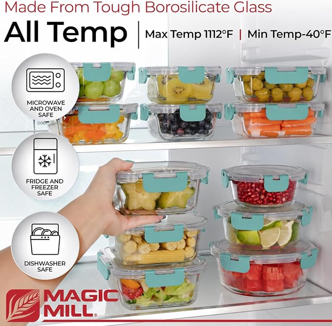 Magic Mill Premium Borosilicate Glass Food Storage Containers with lids Set | 24pc Sets with 12 Bowls & 12 Airtight Locking Lids for Lunch & Meal Prep, Safe for Oven, Freezer, Dishwasher, BPA-Free - Image 4