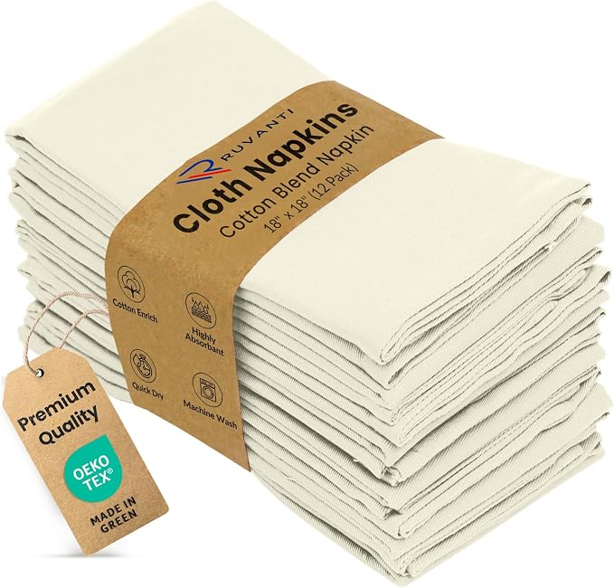 Ruvanti Cloth Napkins Set of 12, 18x18 Inches Napkins Cloth Washable, Soft, Durable, Absorbent, Cotton Blend. Table Dinner Napkins Cloth for Hotel, Lunch, Restaurants, Wedding Parties - Ivory/Cream by Ruvanti