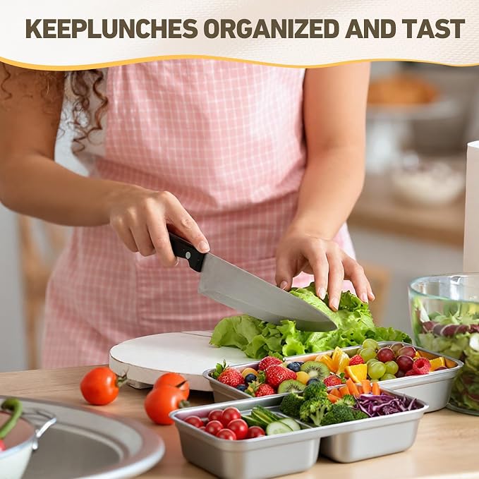 12 Pack Stainless Steel Snack Containers Snackle Container Box with 3 Colors Leakproof Lids Reusable 2 Compartment Stackable Lunch Box for Work Travel Party Beach Picnic Outdoor Portion Control Meal - Image 3