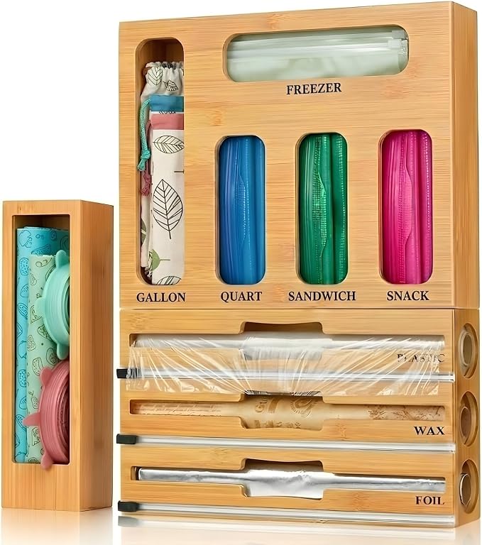 9 IN 1 Storage Bag Organizer for Kitchen Drawer - Wall Mounted | Bamboo Foil and Plastic Wrap with Cutter, Ziplock Bag Organizer for Gallon, Sandwich & Snack Bags - Aluminum Foil Organizer by AREENHOME
