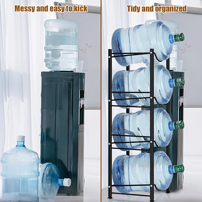 smusei 5 Gallon Water Bottle Holder 4 Tier Water Cooler Jug Stand Storage with 4 Slots for 5 Gal Water Dispenser Black Water Bottle Organizer Rack Metal for Office, Kitchen, Home - Image 6