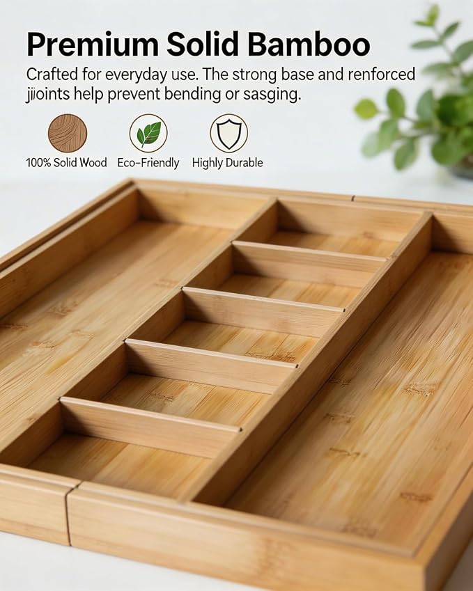 Expandable Bamboo Silverware Drawer Organizer, 5-7 Compartments | Expandable Design, 5-7 Compartments, Dual-Zone Storage, Natural Bamboo Construction, Easy Access Layout - Image 6