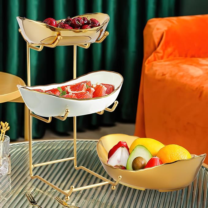 Ceramic Fruit Bowl for Kitchen Counter - 3 Tier Fruit Basket with Metal Stand, Tiered Fruit Stand for Countertop, Snack, Nuts, Cake, Dessert, Small & Cute (Gold & White,Small) 2 - Image 2