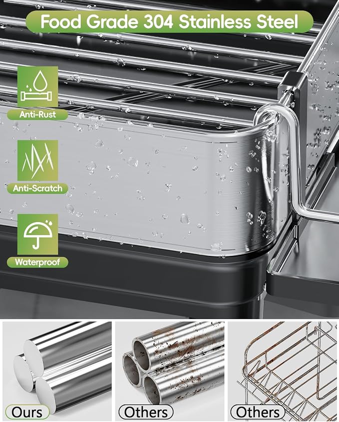 Dish Racks, Thicker Premium 304 Stainless Steel Dish Drying Rack for Kitchen Counter, Automatic Drainage Spout, Dish Drainer & Drainboard Set with Utensil Holder and Cup Holder, Black - Image 2