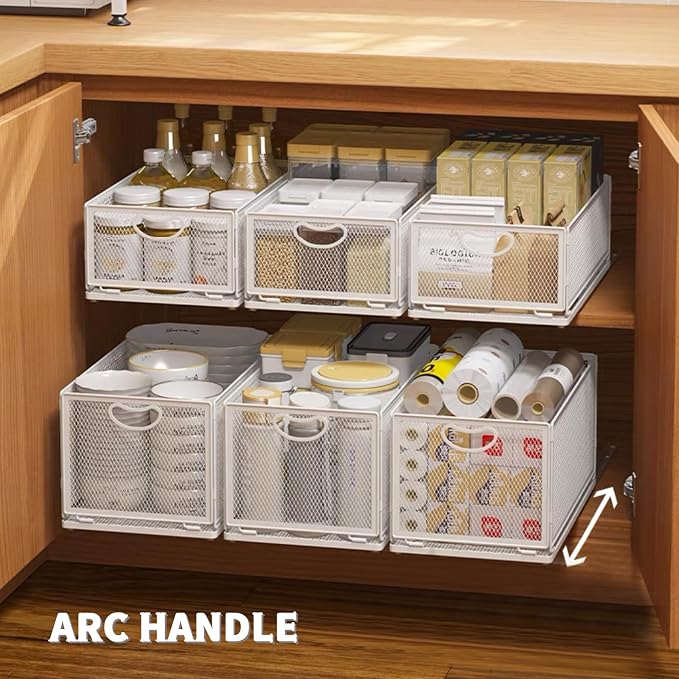 Sliding Cabinet Basket Organizer Drawer Self Adhesive Slide out Pantry Shelves Heavy Duty Carbon Steel Slide Cabinet Storage Basket with Handle for Bathroom Kitchen Home - Image 9