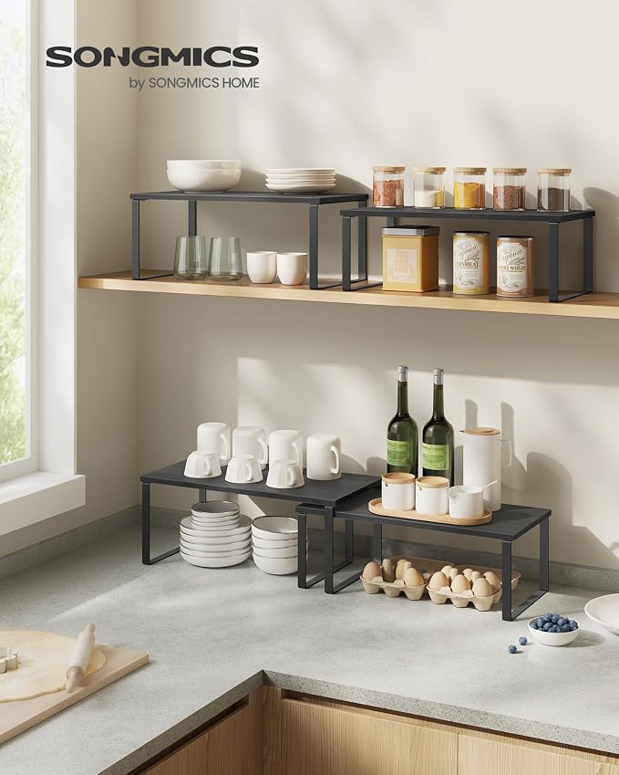 SONGMICS Cabinet Organizer Shelf, Set of 2 Kitchen Counter Shelves, Kitchen Storage, Spice Rack, Stackable, Expandable, Metal and Engineered Wood, 15.6 Inches, Ink Black and Charcoal Black UKCS025B01 - Image 2