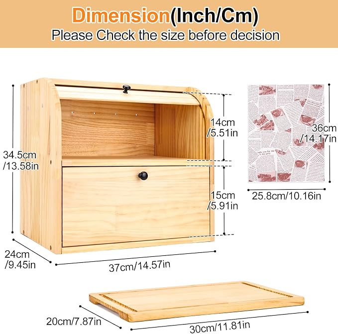 Alpeir Roll Top Bread Box with Cutting Board for Kitchen Countertop | Large Breadbox with Ventilation Holes, Double Layer Pantry Shelf, Wooden Homemade Bread Storage Container, Vintage Farmhouse - Image 3