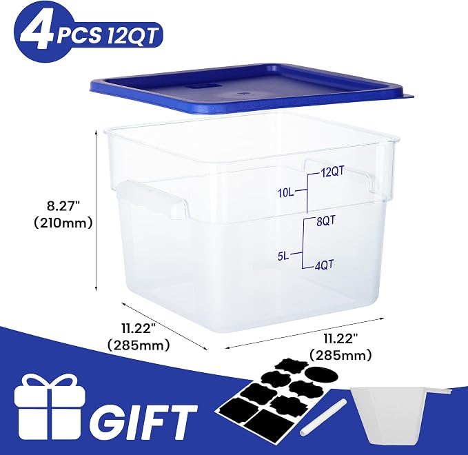 BIEAMA 4 Pack 12 Qt Square Food Storage Containers with Lids, NSF, Clear | Commercial polycarbonate containers with scale markings and handles; stackable for prep, brining, fermentation & bulk storage - Image 2