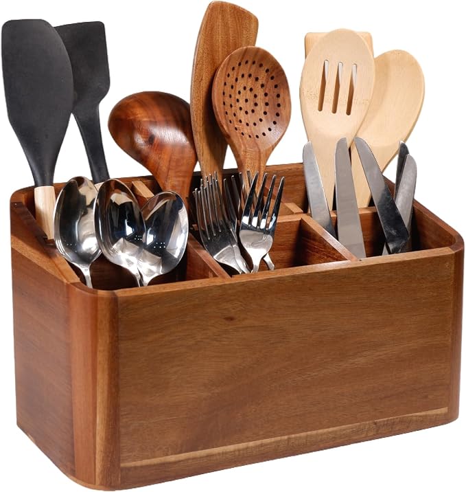 Wooden Kitchen Utensil Holder Organizer for Counter or Countertop, Large Wooden Utensil Holder for Storage Cooking and Silverware with 6 Compartment, Acacia Rustic Wood Container Extra Large by Brightdeer