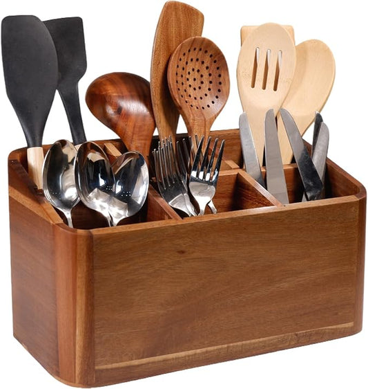Wooden Kitchen Utensil Holder Organizer for Counter or Countertop, Large Wooden Utensil Holder for Storage Cooking and Silverware with 6 Compartment, Acacia Rustic Wood Container Extra Large by Brightdeer