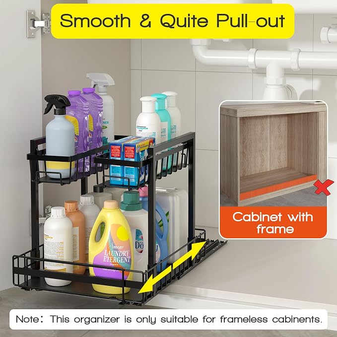 NADAMOO Expandable Under Sink Organizer, 2-Tier Pull Out Cabinet Organizer | Expandable Width, 3-Level Height Adjustment, Metal Storage Rack with 3 Slide Rails for Kitchen Bathroom Laundry, Black - Image 3