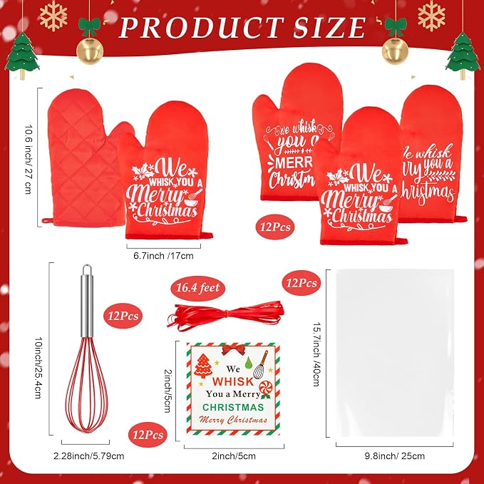 LemonRoad 12 Sets Christmas Whisk Baking Gift Set Xmas Silicone Whisks Oven Mitt Pot Holder Greeting Cards Ribbon Bags for Holiday Kitchen Utensils Cooking Supplies Neighbor Gift(Exquisite,Red) - Image 2