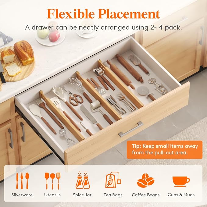 Lifewit 2.4" High 8 Pack Bamboo Drawer Dividers 45-55cm/17.5-22" Adjustable Wooden Drawer Organizer for Clothes/Utensils, Expandable Drawer Separator for Dresser/Kitchen/Bedroom/Office Organization - Image 6