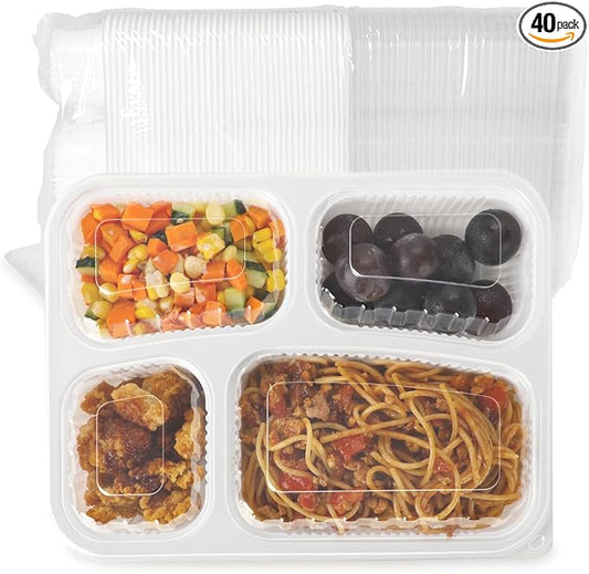 40 Pack 34oz 4-Compartment Bento Box - Shrink Wrapped No Pre-Wash | BPA Free Leak-Resistant Takeout Containers | Microwave Safe | Shatterproof Flexible PP To Go Box, Bulk Leftover Storage by LEOBOX