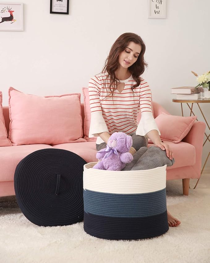 20x15 Inch Extra Large Round Cotton Rope Storage Basket with Lid, Decorative Woven Bin with Cover for Living Room Bedroom Closet, Dark Blue & Deep Blue - Image 3