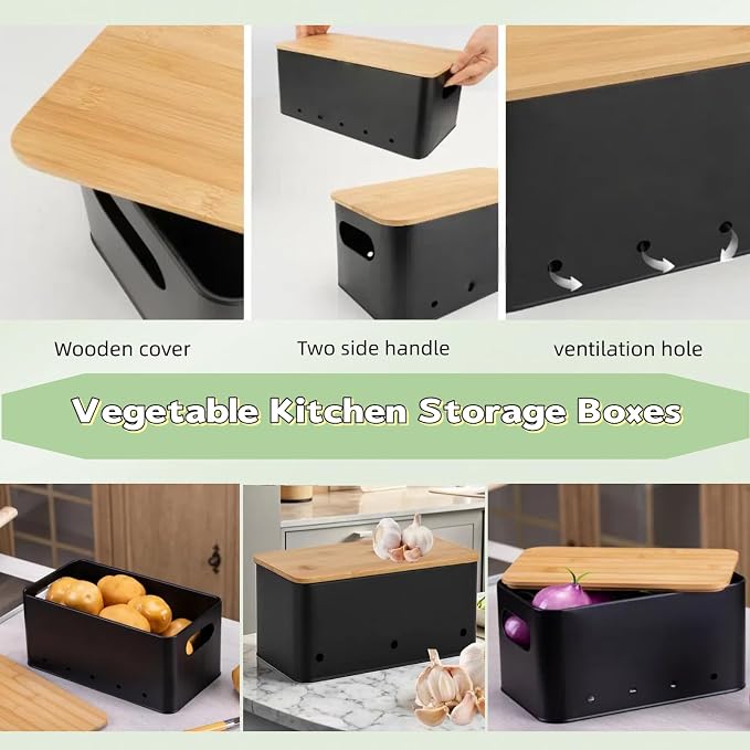 Modern kitchen storage container, stacked metal storage box, 3-piece set with wooden lid design, onion, garlic, potato metal cans, breathable storage box (Black) - Image 5