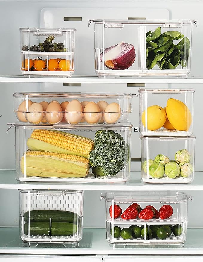 SANNO Fridge Produce Saver Stackable Refrigerator Organizer Keeper with Lids and Removable Drain Tray for Veggie, Berry, Fruits and Vegetables,Pack of 2 - Image 4