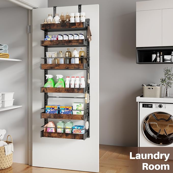 6 Tier Over The Door Pantry Organizer, 2 IN 1 Wall Mount or Metal Hanging Spice Rack for Pantry Organizers and Storage, Seasoning Shelves，Adjustable Basket with Hooks for Kitchen Cabinet and Closet - Image 5