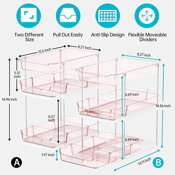 Delamu 2 Pack 3-Tier Bathroom Under Sink Organizers and Storage, Multi-Purpose Stackable Pantry Organization and Storage, Pull Out Clear Kitchen Bathroom Cabinet Organizer with Movable Dividers, Pink - Image 2