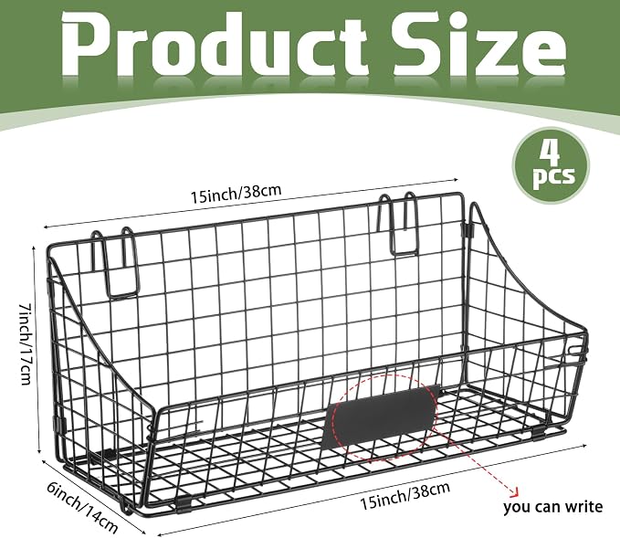 Blulu 4 Pcs Black Grid Wall Baskets, Metal Wire Wall Basket with Hooks Hanging Storage Organization Accessory for Vendor Trade Shows Kitchen Bathroom Pantry Supplies(15 x 7 x 6 Inch) - Image 2