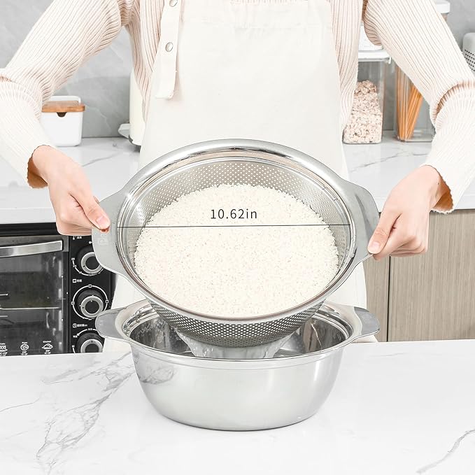 Paoli 304 Stainless Steel Fine Mesh Colander Set, 4QT Large Capacity Strainer with Mixing Bowl — Rinse Fruits, Veggies, Rice & Drain Pasta, Dishwasher Safe (2-Piece) - Image 2