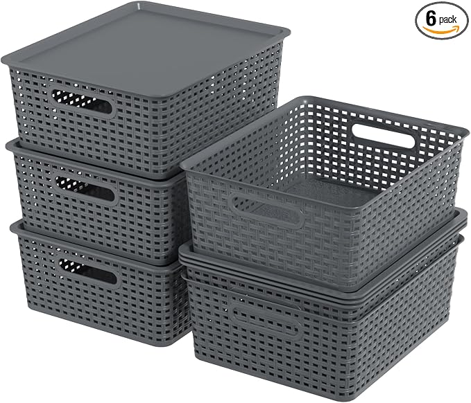 Hespama 6 Packs Grey Lidded Organizer Baskets, Stackable Storage Basket | Plastic Weave Basket for Shelves Cabinets Desktops by Hespama