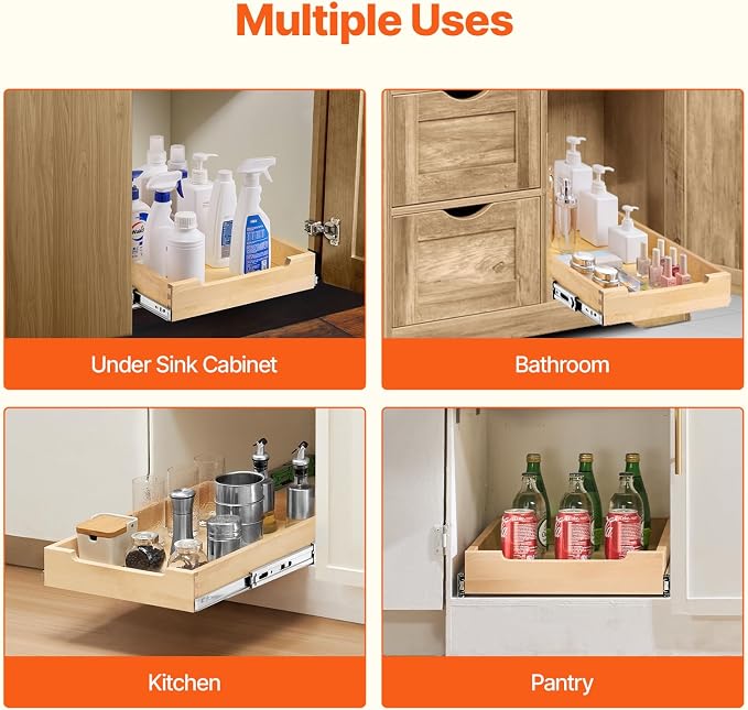 VEVOR Pull Out Cabinet Organizer, 14"W x 21"D Cabinet Drawer, Soft Close Slide out Shelf, Heavy-Duty Sliding Wood Drawer, Bottom Mount Size（14.5"W x 23"D）and Side Mount Size（15"W x 23"D） - Image 6