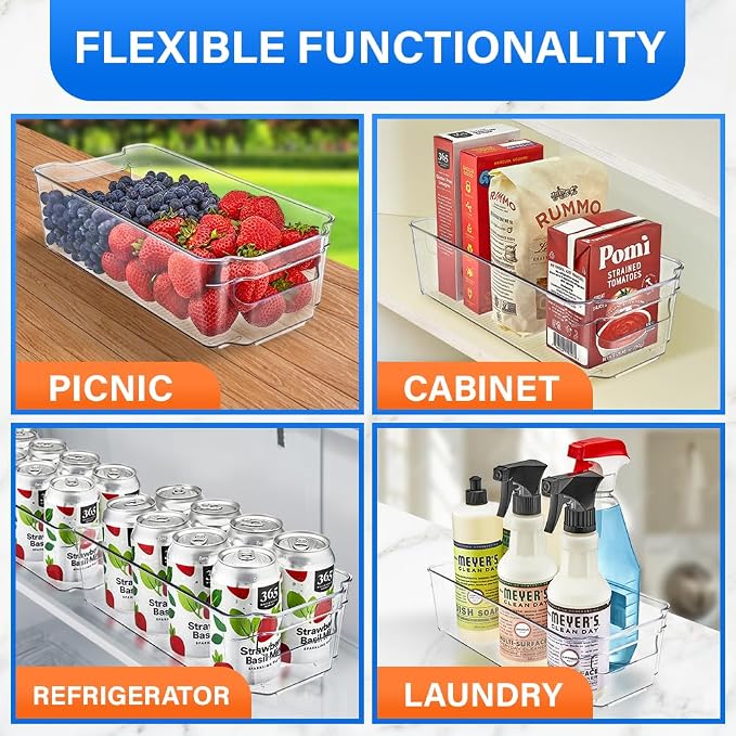 8-Piece Stackable Refrigerator Bin Organizer Set with Easy Grip Handles - Clear Multi-Purpose Storage Bins for Fridge and Pantry Use - Image 4