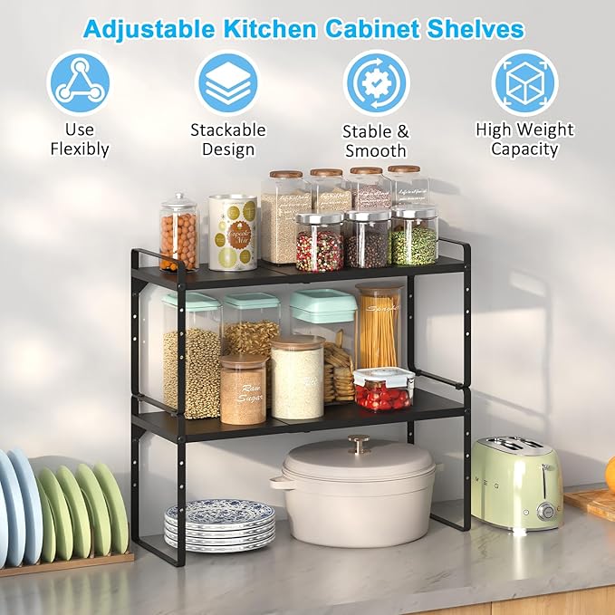 Set of 2 Expandable Cabinet Shelf Organizer, Stackable Kitchen Countertop Shelves Spice Racks, Small Metal Storage Shelf For Cupboard Counter Tabletop, 30 LBS Heavy Duty, Adjustable, 13.8" to 21.6" - Image 3