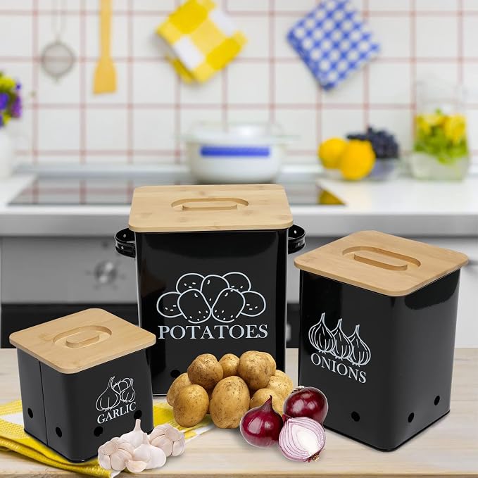 Kitchen Canisters Set, Storage Bin for Potato Onion & Garlic, 3 Pack Set Countertop Pots Containers with Wooden Lid - Potato Storage, Garlic Bin, Onion Keeper Tin with Aerating Holes-Black - Image 2