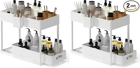 Under Sink Organizers and Storage, Bathroom Cabinet Organizer, Sink Shelf with Utility Hooks and Side Caddy for Under Cabinet Storage | Under Kitchen Sink Organizer with Sliding Drawer, White (2-Pack) by STORAGEBUD