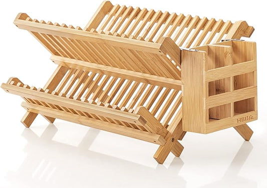 HBlife Dish Rack, Bamboo Folding 2-Tier Collapsible Drainer Dish Drying Rack with Utensils Flatware Holder Set (Dish Rack with Utensil Holder) by HBlife