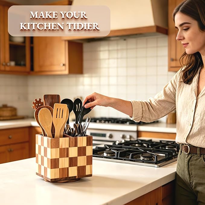 Rotating Square Wooden Utensil Holder – 7.3” Square Acacia Wood Kitchen Utensil Organizer with Checkered Design, Large Countertop Crock for Spatulas, Spoons & Cooking Tools, Farmhouse Kitchen Decor - Image 4