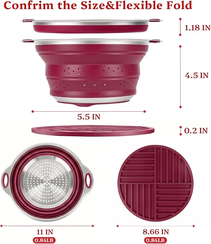 Collapsible Colander Set with Silicone Mat,2-in-1 Stainless Steel Colander for Kitchen, Foldable Metal Colander, Space-Saving for Pasta Veggies Fruit(PERSIAN RED) - Image 2