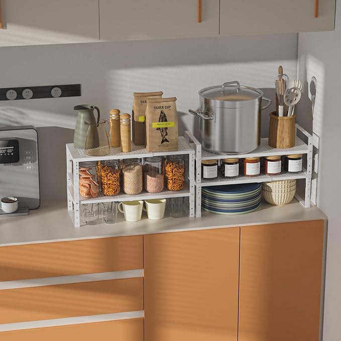 Expandable,Adjustable & Stackable Spice Rack, Cabinet Kitchen Countertop Shelf Organizer,Metal Pantry Storage Shelves - Space-Saving Storage Solution(2Packs/White/Medium) - Image 5