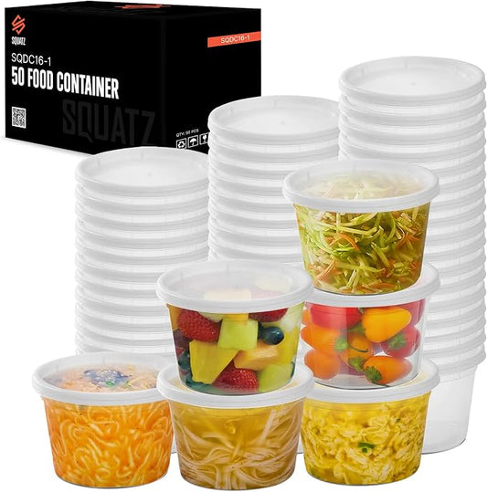 50 Microwavable Food Container - 16oz Translucent Meal Box Storage with Lids, Ideal for Storing Soups, Condiments, Sauces, Dressing, Fruit, Baby Food, Healthy Snacks, and Leftovers, LARGE SQUATZ by SQUATZ