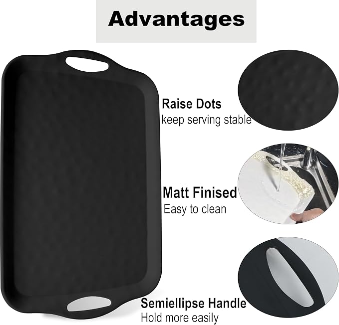 ECOIOU 20x13 inch Extra Large Serving Tray with Handles, Set of 2, Black | Melamine Platters for Serving Food, Turkey, Cookie, Rectangular Trays for Eating, Raised Dots Matt Finished, Dishwasher Safe - Image 4