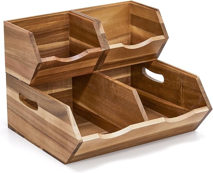 Acacia Wood Pantry Storage Bins, Stackable Storage Baskets Potato and Onion Storage Bins, Pantry Organizer Wooden Baskets Organization and Storage, Set 3 Pieces - Image 9