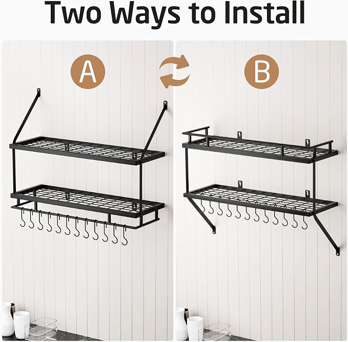 KES 30-Inch Kitchen Pot Rack - Mounted Hanging Rack for Kitchen Storage and Organization - Matte Black 2-Tier Wall Shelf with Guard Rail for Pots and Pans Organizer with 12 Hooks - KUR215S75B-BK - Image 8