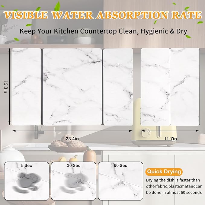Stone Dish Drying Mat for Kitchen Counter, 24 x 16 Inch(White Marble Vein) | Absorbent diatomaceous earth and PVC, folds for compact storage, suitable for dishes, cups, bottles, or a bathroom floor mat - Image 2