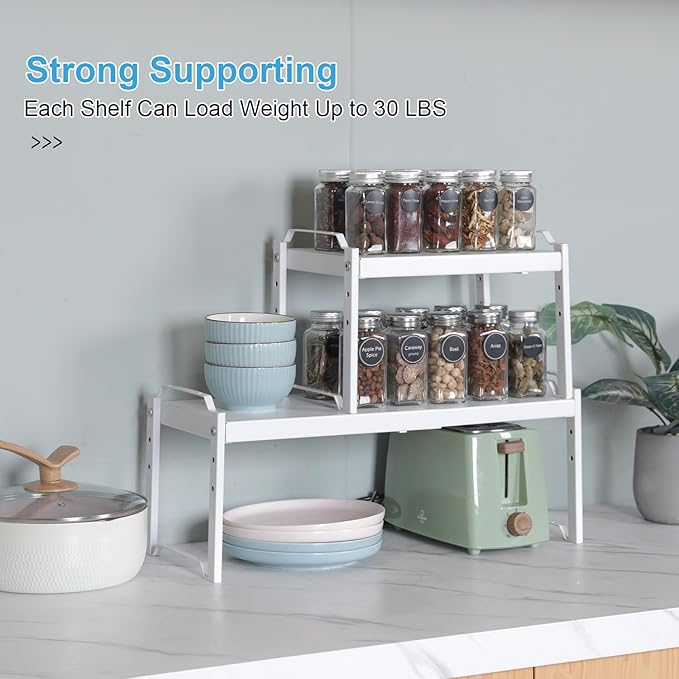 4 Pack Kitchen Cabinet Shelves Organizers, Kitchen Counter Storage Shelf Spice Rack, Expandable Length, Adjustable Height, Stackable, Sturdy 30LBS Bearing, Small Cupboard Tabletop Organizer Shelf Rack - Image 6