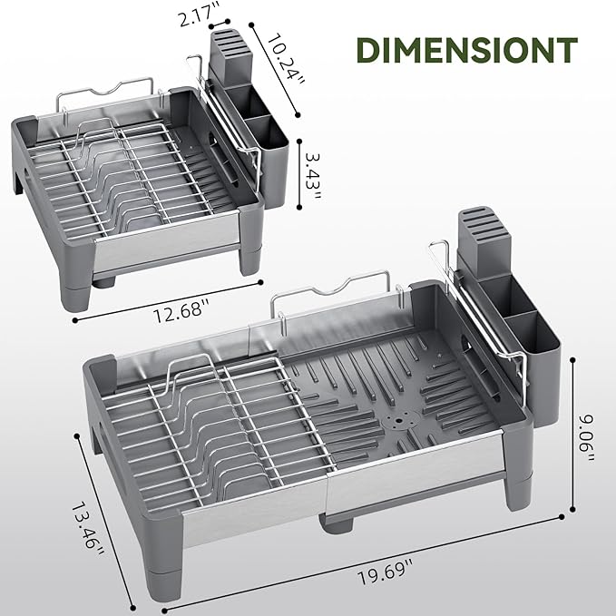 Urackify Expandable Dish Drying Rack, Stainless and Aluminum Frame, Gray | Dish Drainer for Kitchen Counter, Space Saving Kitchen Drying Rack with Movable Utensil Holder, 19.69"L x 13.46"W x 9.06"H - Image 2