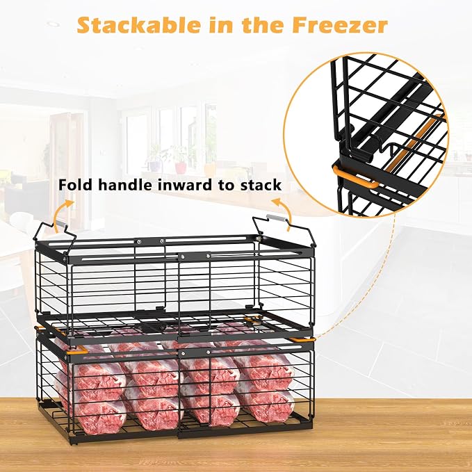 NADAMOO Expandable Chest Freezer Organizer, Stackable Wire Baskets | Adjustable 11-17.3 Inches, Heavy Duty 35 lbs Capacity, Foldable Handles, 360° Airflow, Fits 5-20 Cu Ft Models, 4 Pack - Image 4